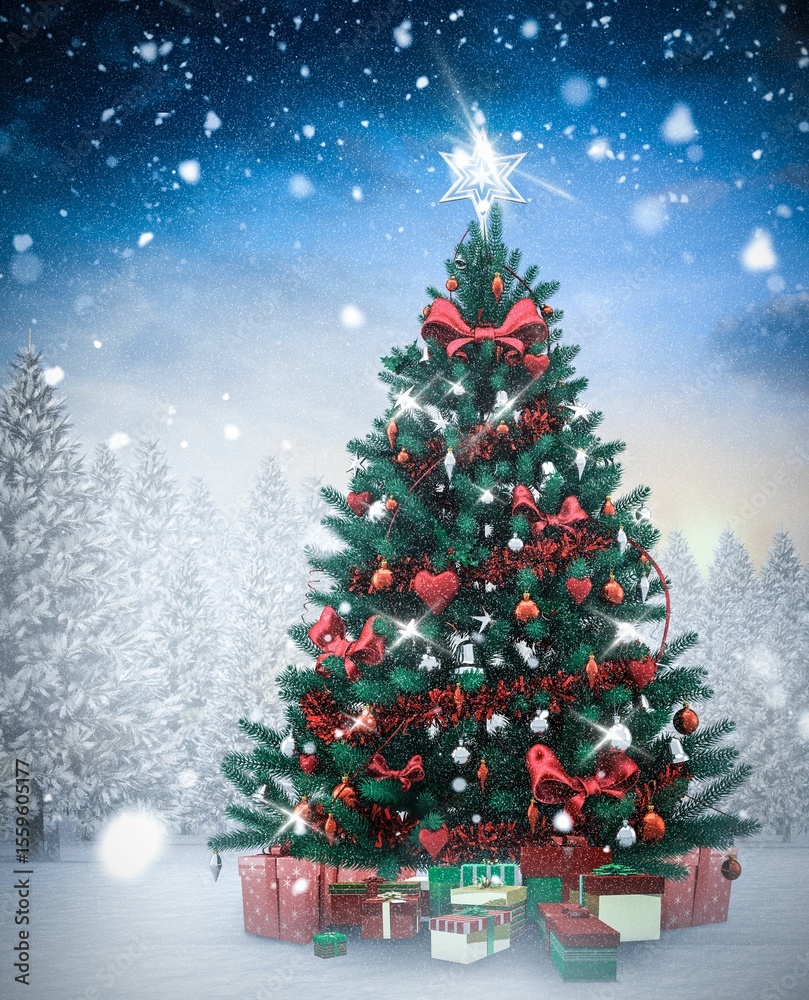 Fototapeta premium Christmas tree in snowy forest