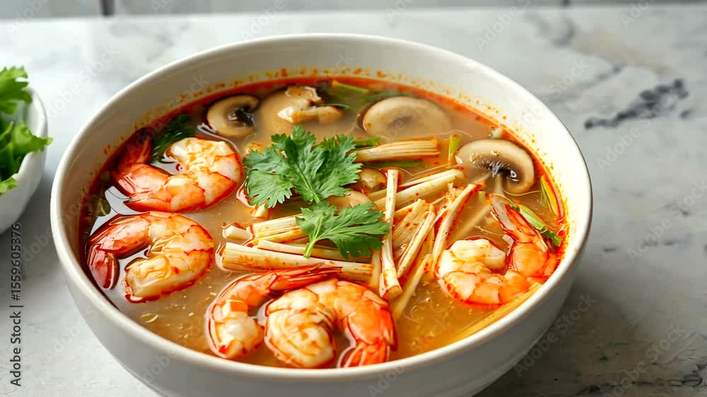 A vibrant bowl of shrimp soup with mushrooms and herbs, set on a marble countertop A vibrant bowl of shrimp soup with mushrooms and herbs, set on a marble countertop