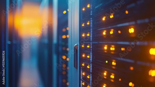 Server room with blinking lights in a rack, blue and orange hues