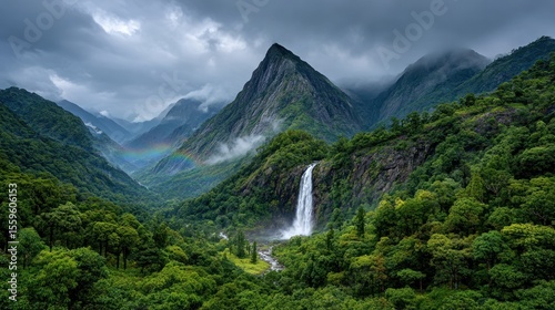 Dramatic mountain valley with waterfall and rainbow