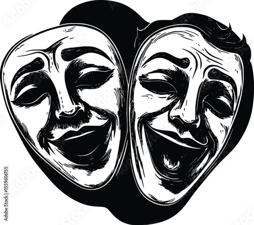 Vector illustration: Joyful theatrical masks- comedic style- engraved design