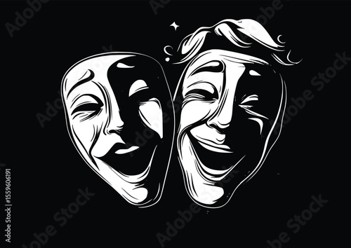 Vector illustration: Comedy and tragedy masks- dramatic- expressive- black ink style.