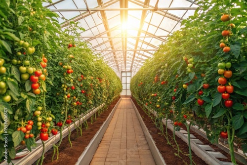 Bright Greenhouse Interior with Growing Tomato Plants and Sunlight