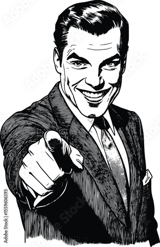 Retro Vector Illustration: Confident Businessman Pointing Finger- Intense Gaze