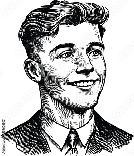 Smiling young man vector portrait- vintage engraved style illustration