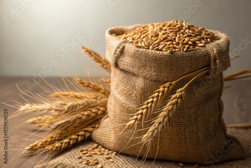 Freshly Harvested Wheat in A Burlap Sack with Grain Spilling Out