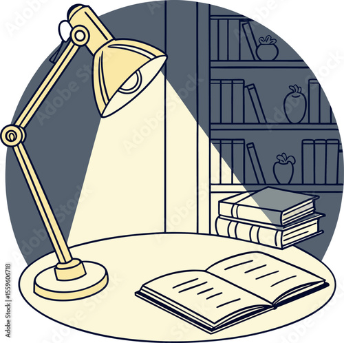 Cozy study scene with a desk lamp illuminating an open book and a bookshelf filled with books and decorative apples in the background