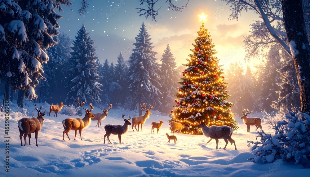 Naklejka premium Christmas tree glowing in snowy winter forest with animals nearby