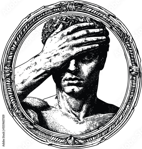 Vector illustration: Dramatic engraved male portrait- ornate frame- sorrowful mood.