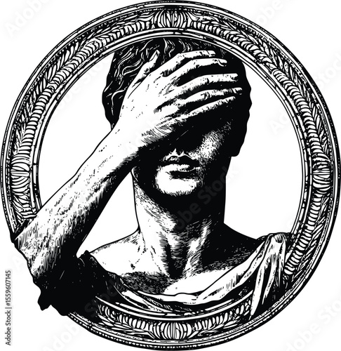 Vector illustration: Ornate frame- melancholic statue- hand concealing eyes- dramatic- engraved style.