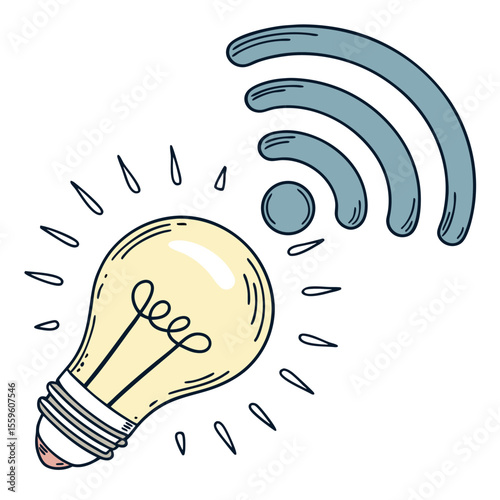 A glowing light bulb radiating energy and connected to a wireless signal symbol representing innovative ideas and smart technology concepts