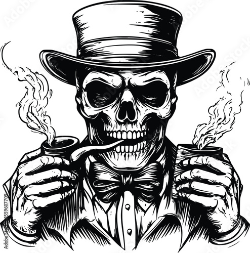 Vector illustration: Dapper skull smoking pipe- top hat- grim elegance.