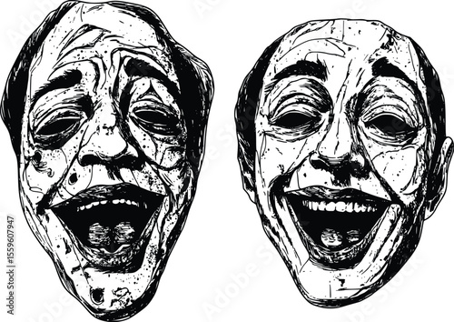Two vector illustrations of manic laughing faces; expressive- dark art style.