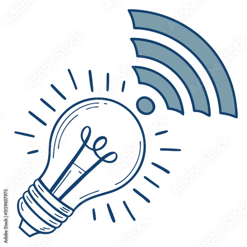 A hand drawn illustration of a glowing light bulb emitting wifi signal waves representing smart technology innovation and connectivity in a simple doodle style