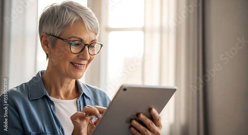 Smiling Senior Woman Engaged in Digital Communication.