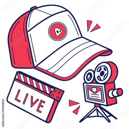 A playful doodle featuring a baseball cap with a play button logo a clapperboard displaying the word live and a vintage movie camera on a tripod all in red and blue
