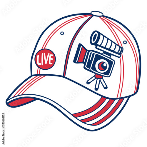 A stylized illustration of a white baseball cap with red and blue stripes featuring a vintage video camera and the word live on the side