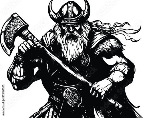 Powerful Viking Warrior Vector Illustration:  Intricate Line Art