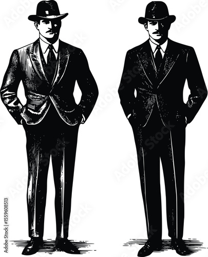 Vintage Vector Illustration: Two Men in Suits- Stylish- Formal Attire