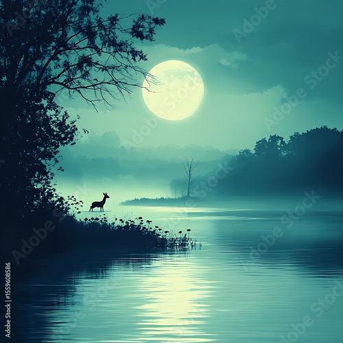 Ethereal moonlight reflecting on tranquil waters with a deer silhouette in peaceful nature