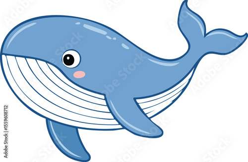 Cute cartoon illustration of a blue whale, with a friendly expression and simplified design.