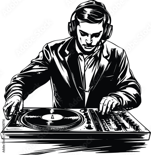 Stylish vector illustration: DJ in suit mixing music on turntables.