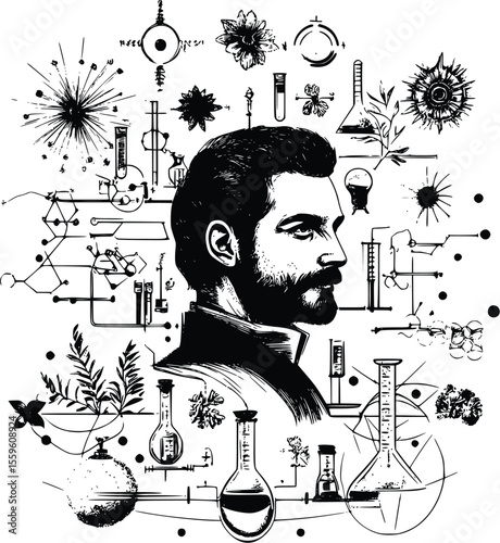 Intricate Vector Illustration: Bearded Scientist- Alchemy- Botanicals