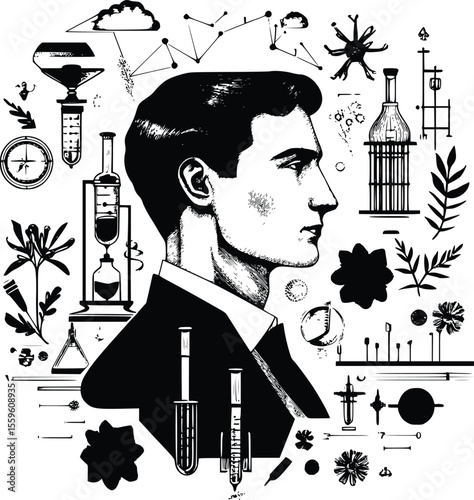Vector illustration: pensive scientist profile- scientific tools- botanical elements- monochrome style