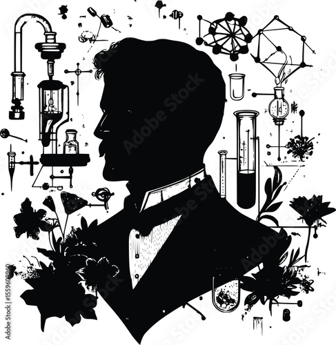 Elegant Vector Silhouette: Victorian Scientist- Alchemy- Floral Design