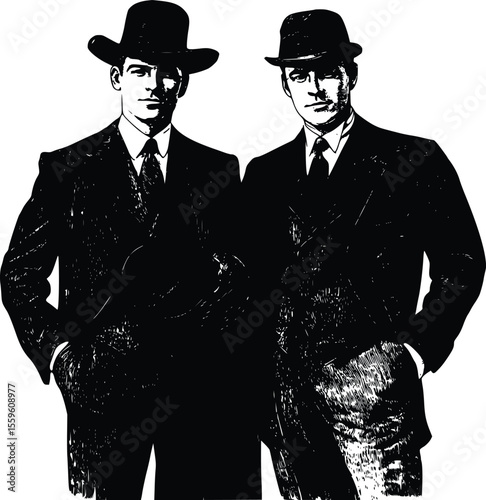 Vector illustration: Two stylish men in suits- serious mood- vintage style.