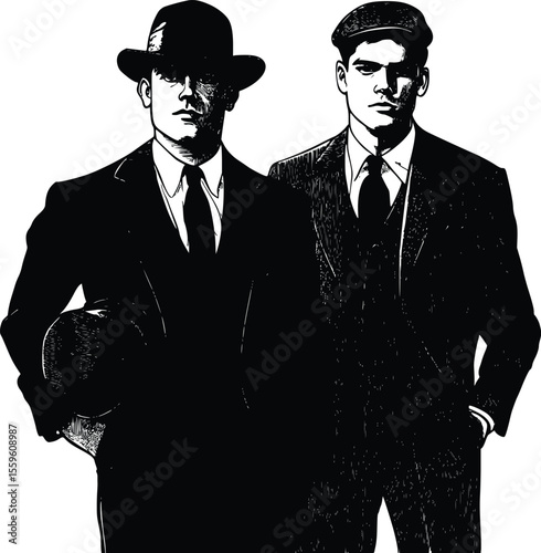 Vector illustration: Two 1920s gangsters- serious mood- engraved style