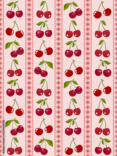 Vintage cherry and pink striped seamless pattern. Vector cute red cherries and lace borders. Charming cherry aligned repeating pattern.