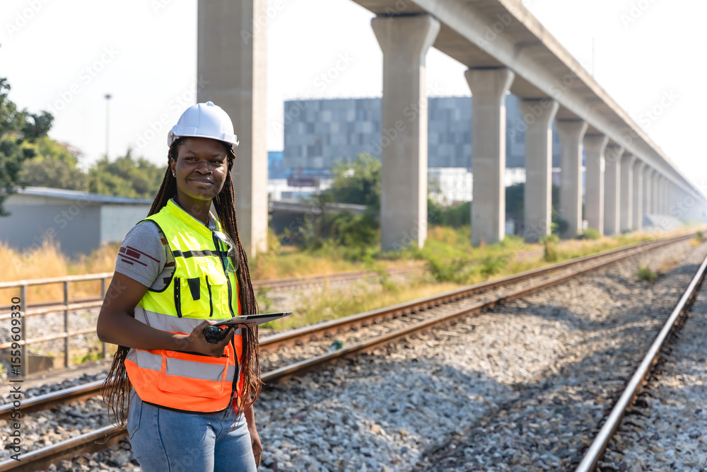 Obraz premium African locomotive engineer woman working at outdoor train track 