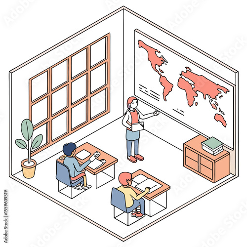 A teacher pointing at a world map on a whiteboard in a classroom with two students sitting at desks learning geography