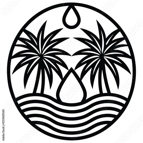 Stylized palm trees water drops and waves circular emblem logo