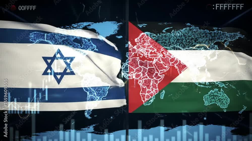 Animated visualization of Israel and Palestine flags with global map ...