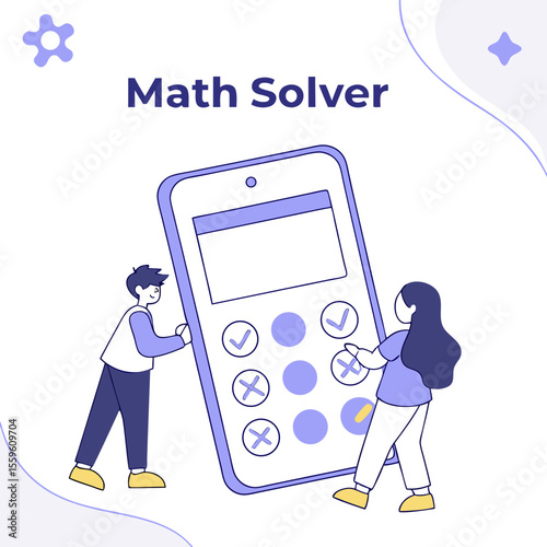 Two stylized characters interact with a giant calculator symbolizing math problem solving education and digital learning assistance for students
