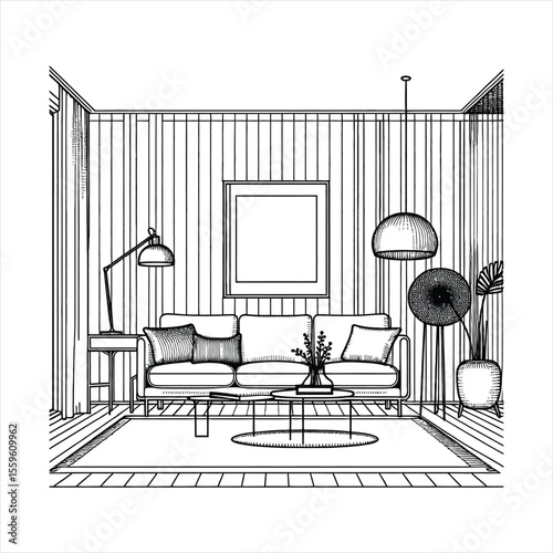 Modern living room with sofa and plants coffee table