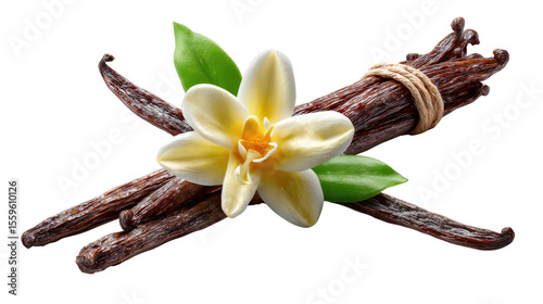 Vanilla Bean and Blossom: Aromatic vanilla beans and a delicate vanilla blossom lie intertwined, exuding a sense of warmth, sweetness, and natural fragrance.