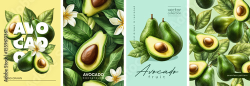 Hand drawn set of designs and patterns. Vectorized gouache illustrations. Illustrations of avocado with flowers and leaves for poster, prints, menu, card or textile