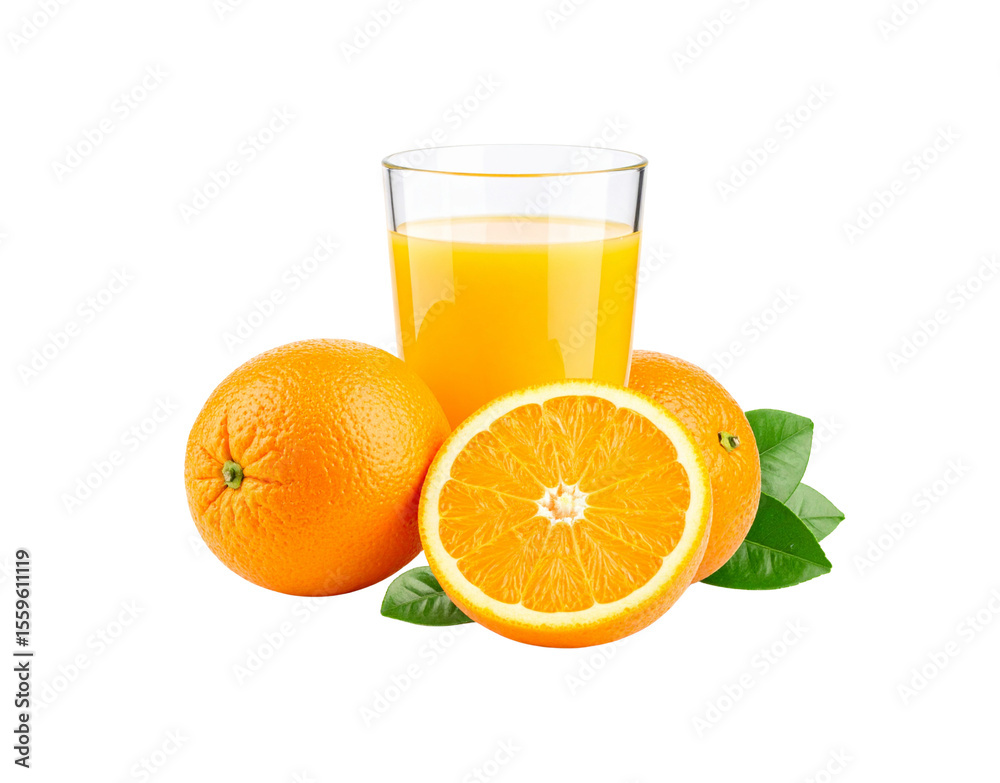 Fresh Orange Juice in Glass with Whole and Sliced Oranges. Fresh Orange Juice in Glass with Whole and Sliced Oranges.