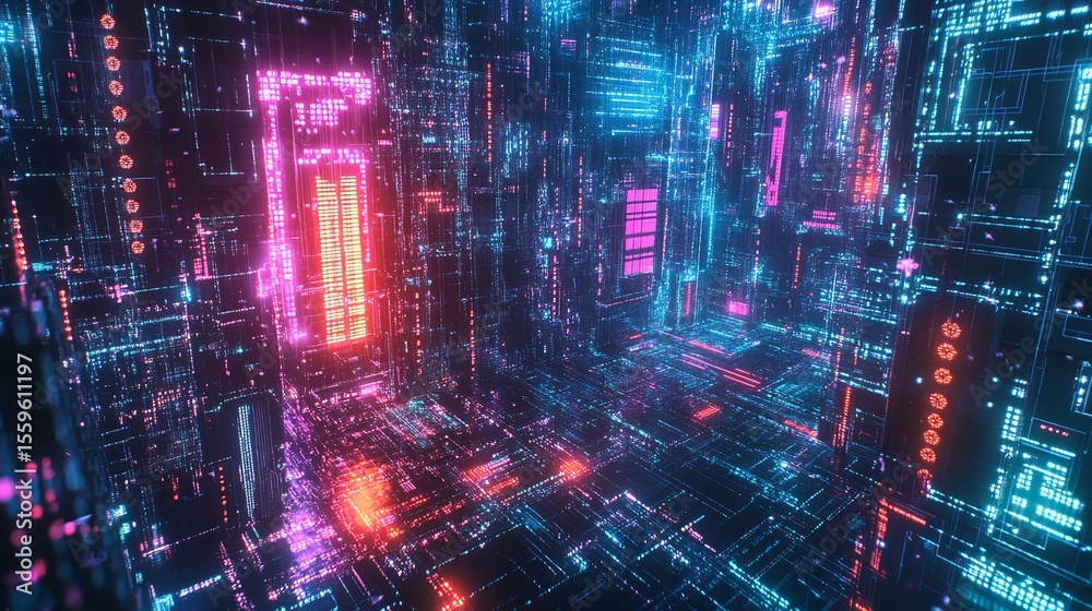 Fototapeta premium Immerse yourself in a world of futuristic fantasy with the vibrant neon lines and glowing galaxy colors of our cutting-edge technology backdrop.