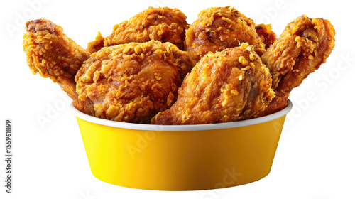 Golden Fried Chicken: A mouthwatering shot of freshly fried chicken pieces overflowing from a yellow container, evoking a sense of warmth, comfort, and irresistible flavor.