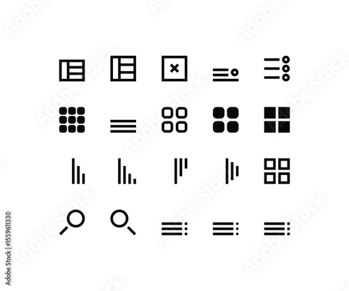 A complete set of 24 flat and outline UI icons featuring grid views, list views, bar charts, close (X), and search (magnifying glass) icons. Perfect for dashboards, e-commerce platforms, file explorer