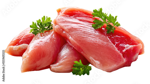 Raw Chicken with Parsley: A cut of raw chicken breast adorned with fresh parsley sprigs, showcasing its natural pink hue, promising healthy and delicious meals.