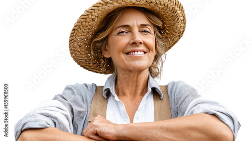 Smiling Farm Woman: A portrait of a cheerful farm woman, exuding warmth and contentment as she smiles. Wearing a straw hat, she emanates the rustic charm of a life dedicated to the land.