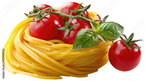 Spaghetti and Fresh Ingredients: A vibrant presentation of perfectly cooked spaghetti, adorned with ripe cherry tomatoes, basil, offering a feast for the eyes.