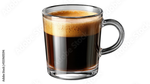 Espresso in Glass Mug: Rich, dark espresso in a clear glass mug with a handle. The crema is visible on top. Perfect for coffee lovers and cafes.