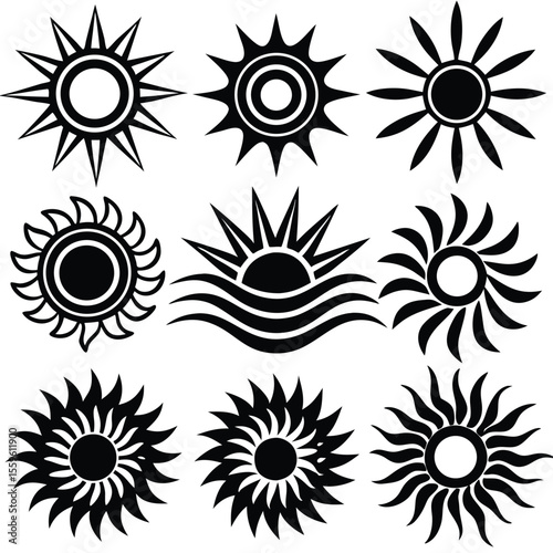 Nine black sun symbols with varied ray designs solar celestial