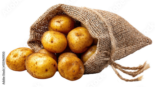Harvest Bounty: Potatoes cascade from a rustic burlap sack, a testament to nature's abundance, evoking feelings of warmth and wholesomeness.